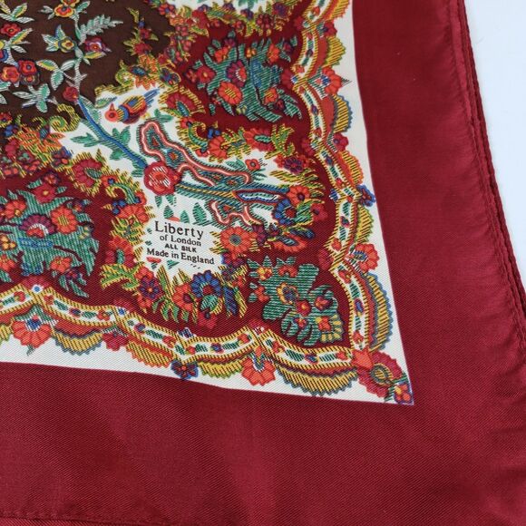 Liberty of London 100% Silk Twill Red Brown Floral Foulard Border Scarf 23"X23" - Picture 4 of 16
